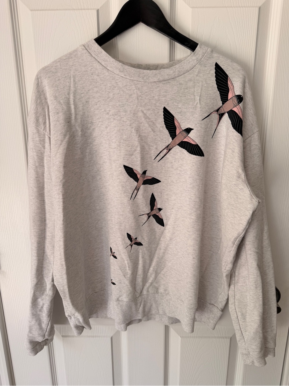 Light Gray Crewneck Sweater with Pink & Black Swallow Print